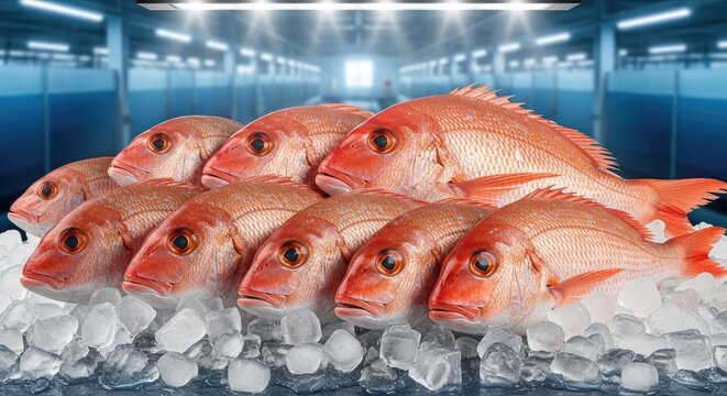 Fresh red snapper fish on ice in a commercial fish market.