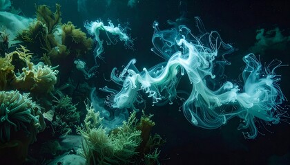 Abstract underwater scene with coral and swirling, ethereal light plumes