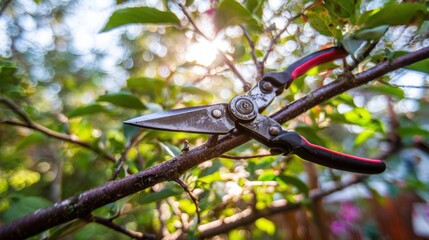Gardening shears meticulously pruning a tree branch in bright sunlight