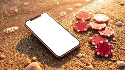 Smartphone and gaming chips on a sandy beach with azure water, sports betting, free bets, casino