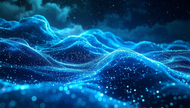 Abstract digital neural network with glowing golden sparks and data flow on dark background
