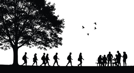 People silhouette walking and gathering under tree outdoor park scene social life illustration isolated background
