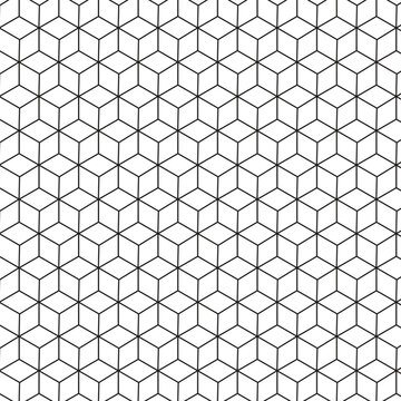 This high-contrast, black and white geometric pattern features a repeating tessellation of rhombuses arranged to create the illusion of three-dimensional cubes. Known as the tumbling blocks or Necker 