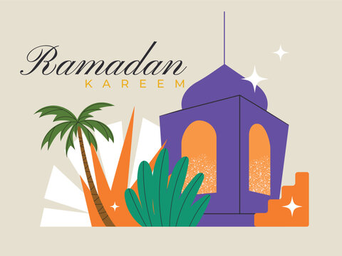 Ramadan kareem geometric shapes, lantern and palm tree, greetings ramadan