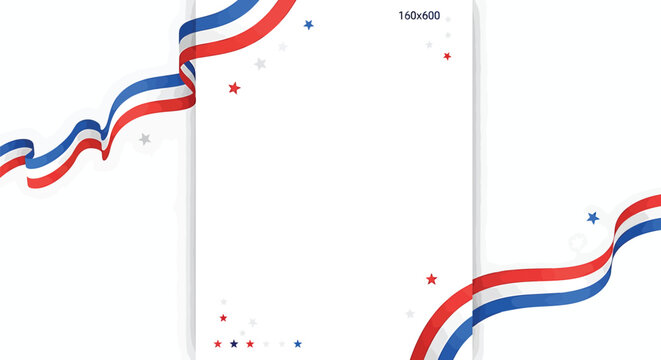 Patriotic ribbon banner template with red, white, and blue stripes and stars, for website or social media header, overlay effect, vector