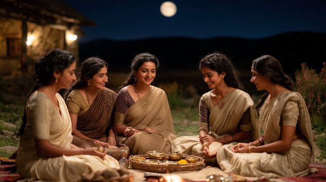 Women celebrating Karva Chauth by observing moon ritual with devotion.
