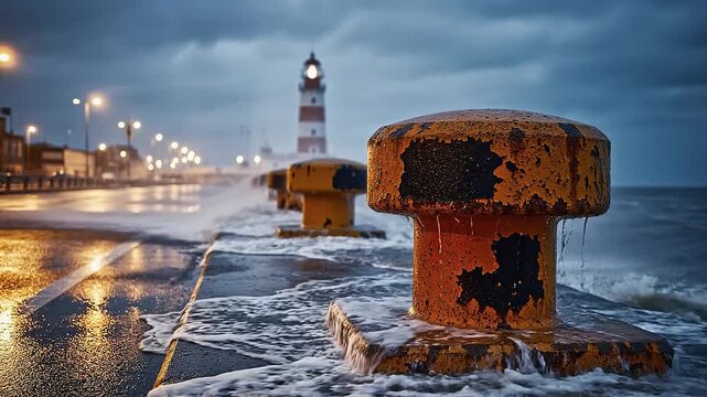 Rough sea waves crash against old mooring bollard near lighthouse on dock at dusk