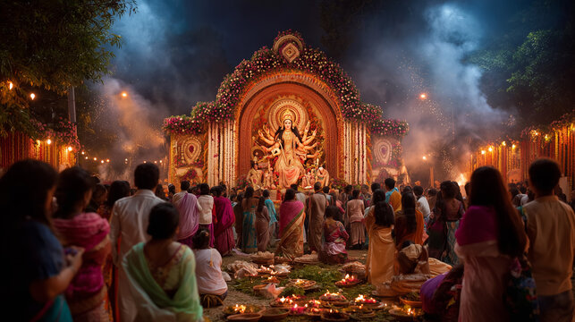Durga Puja celebration in Kolkata with pandal, prayers, and dance.
