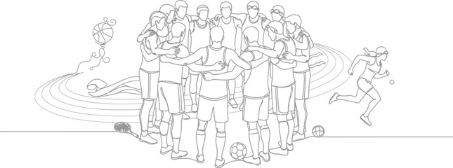 Diverse athletes gather closely in a unified circle symbolizing teamwork and the spirit of various sports including running and ball games