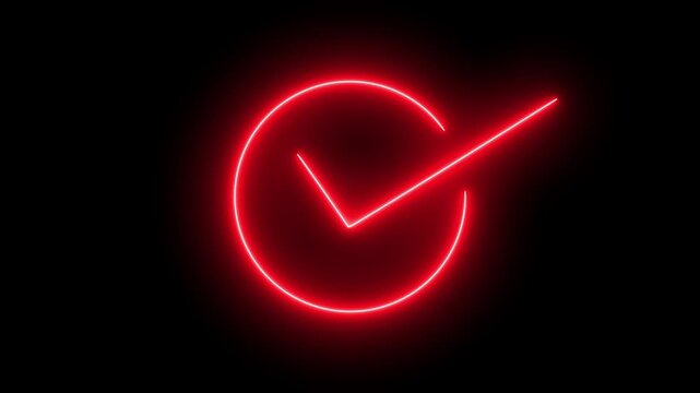Glowing red neon check mark inside a circular outline on black background, minimal futuristic validation symbol for approval, success, verification, ui icon. Check m ark, tick mark for approved