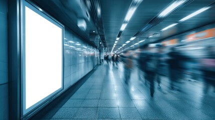Obraz premium People walking in subway station with advertising board