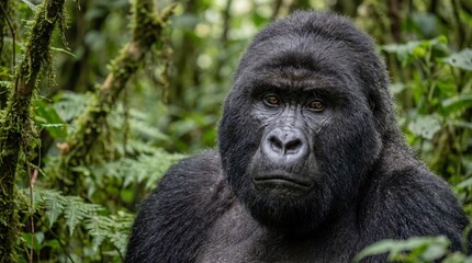 Fototapeta premium Majestic Mountain Gorilla Close-up Portrait in Lush African Rainforest Habitat