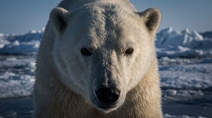 Naklejka premium Majestic Polar Bear Gazing Directly at the Camera on a Frozen Arctic Tundra
