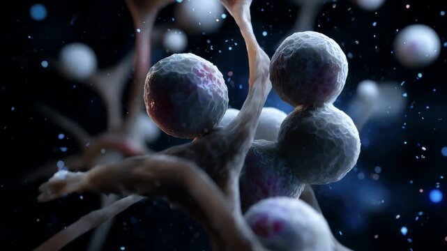 Spherical cells with textured surfaces move and attach to branching organic fibers against a dark background with shimmering particles