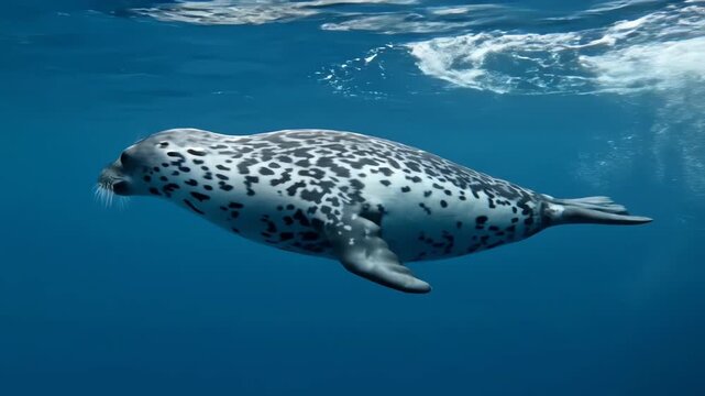 Spotted seal swims gracefully beneath the ocean surface bubbles