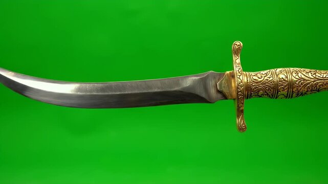 Traditional Steel Kirpan with Engraved Golden Hilt on Green Screen