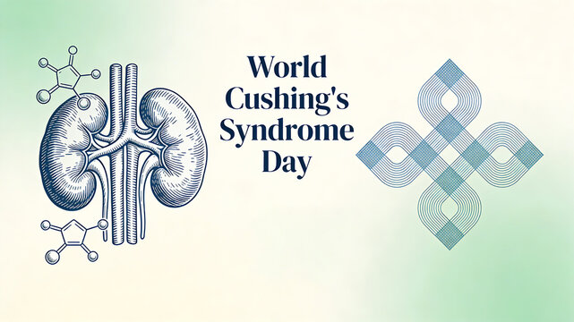 Retro line drawing of kidney and molecular structure, representing pathological research and endocrine health of Cushing's syndrome, medical education and research promotion poster
