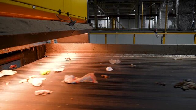 Line with municipal waste on a conveyor belt in Waste energy plant. high-speed optical converter screener. Recycling, sustainable energy, waste management, environmental protection.