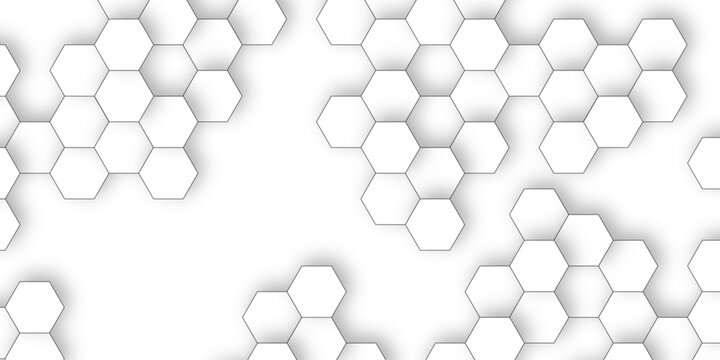 A subtle hexagon pattern background with interconnected shapes in soft gray and white. Simple abstract modern background White geometric hexagonal honeycomb shape texture background 3d copy space.