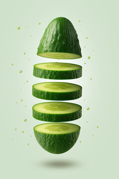 Organic floating cucumber, cut slices, is one line, cinematic shoot, isolated background