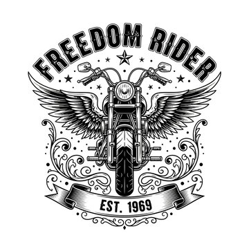 Freedom Rider Motorcycle with Wings and Ornate Scrollwork Design.
