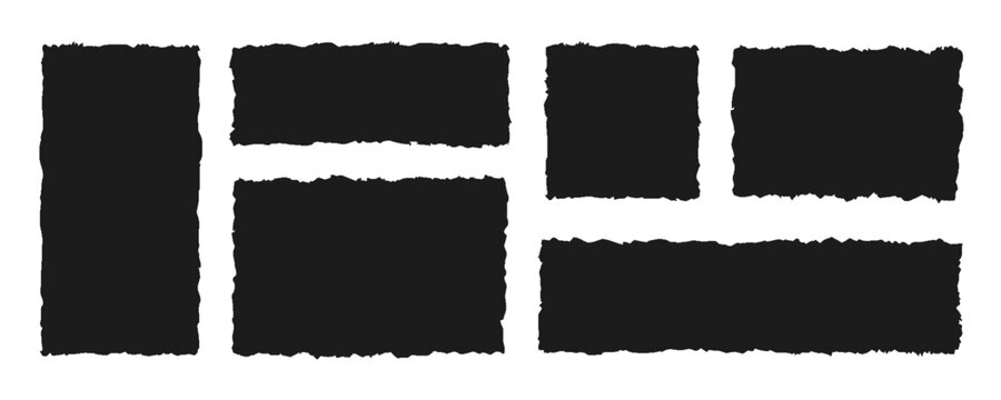 Torn paper pieces frame set, ragged memory sheets with uneven edges, square and rectangle with jagged edges, checkered edges, torn paper shape for collage, text boxes, banners