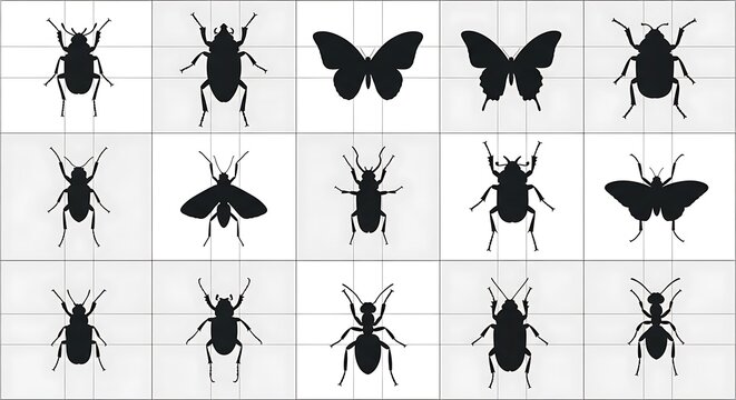 Collection of various insect silhouettes on a grid background.