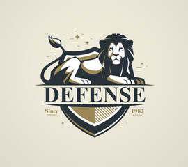 Fototapeta premium Heraldic lion guardian vector emblem symbolizing protection, security and reliability, designed as a classic shield logo for brands focused on safety, defense, trust and strength.