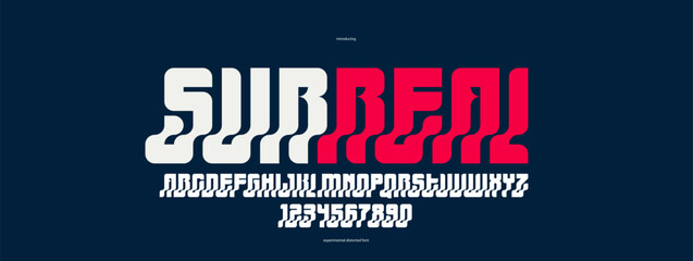 Bended and deformed display font for logos and posters, vector distorted and twisted typeface for headlines and advertising, logotype cool typography.
