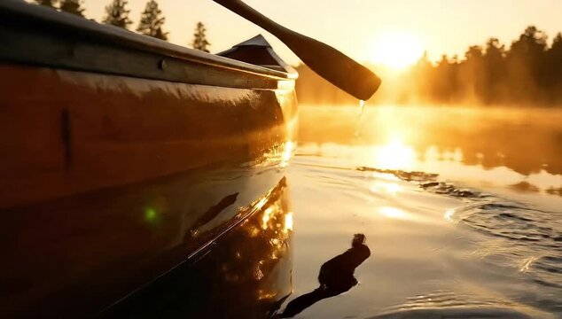 Serene sunrise over calm lake with wooden canoe and oars