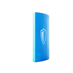 Blue security shield 3d icon with white protection symbol for cyber safety and data privacy insurance concept