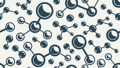Molecules seamless background, vector tiling endless repeat pattern with different molecules, chemistry and pharmacology theme, elements easy to use separately as an icons or illustrations.