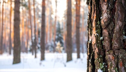 Obraz premium Winter forest scene with focus on a textured tree trunk, blurred background, and bright sunlight filtering through trees