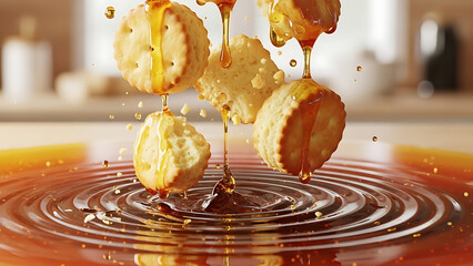 Golden honey dripping onto floating crackers in swirling liquid, macro food photography