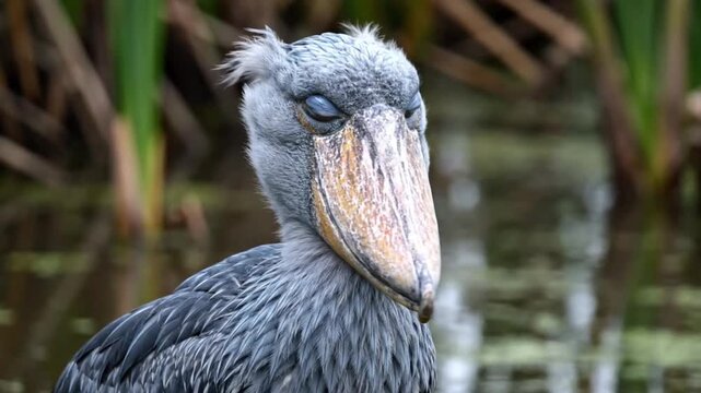 Close-up of a Shoebill Stork in its natural habitat, showcasing its unique features.