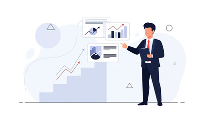 Business Man Presenting Financial Growth Charts and Data Analysis