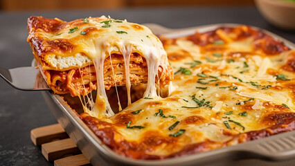 Delicious cheesy lasagna being served from a baking dish, Italian comfort food