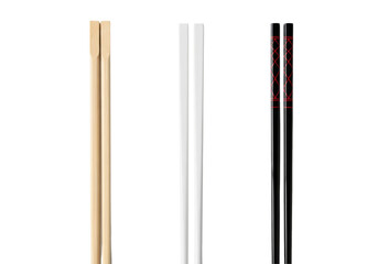three distinct pairs of perfectly aligned chopsticks (wood, white plastic, black lacquer with red accent) isolated on a sterile white background, high-key flat lay, concept of premium asian culinary