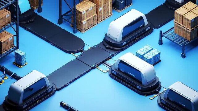 Automated Warehouse Robots Moving Boxes on Conveyor Belt System.