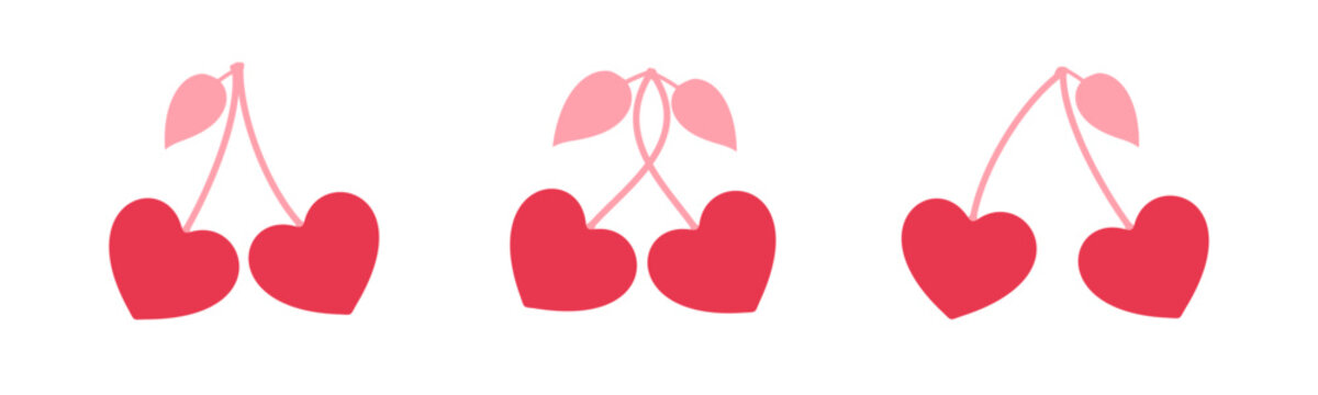 Cherry hearts icons, love romantic symbols