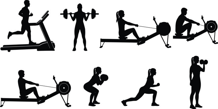 Fitness exercise silhouettes, treadmill running figure, barbell lifting artwork, rowing machine illustration, squat medicine ball design, dumbbell workout vector, black silhouette artwork