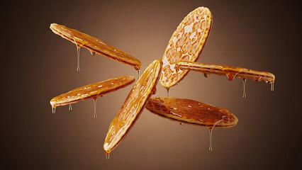 Crispy waffles topped with dripping golden honey in a circular pattern