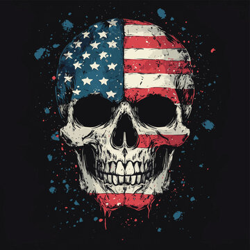 skull with american flag on black background , vector style simple color
