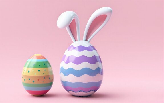 Two colorful Easter eggs, one shaped like a bunny, against soft pink background.