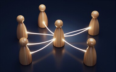 Obraz premium Wooden figures connected by glowing lines, symbolizing networked collaboration.