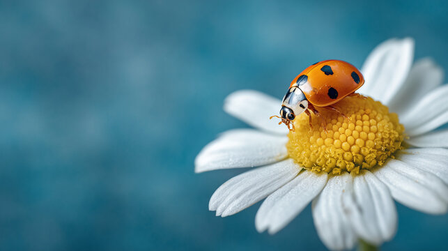 ladybug on top of daisy sunflower isolated on blue background with copy space