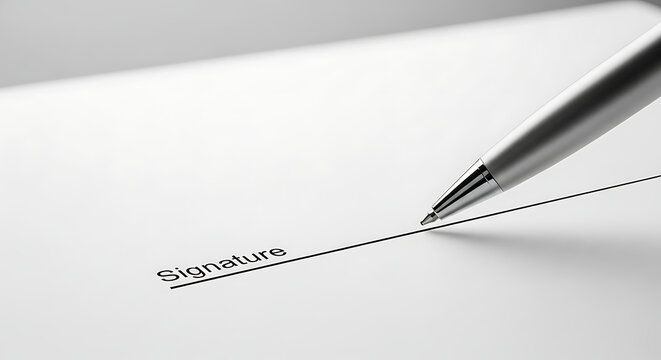 A pen poised to sign a document on a crisp white page viewed from a slight angle close-up