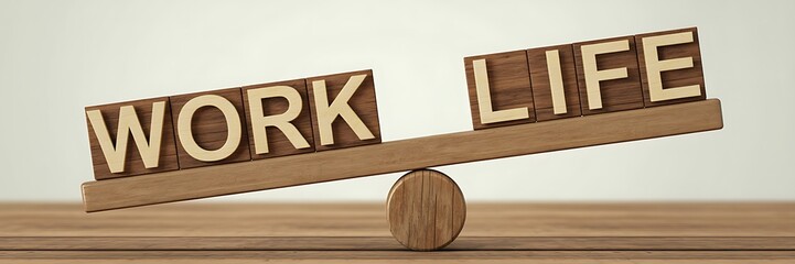 Wooden seesaw balancing work and life on a neutral surface
