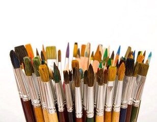 Fototapeta premium A tightly packed collection of art tools. Many different paint brushes and pencils, each holding paint in varied hues, are viewed. A bright white backdrop
