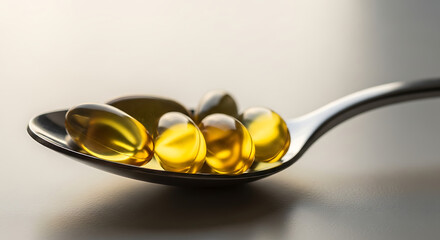 Fototapeta premium Close-up of yellow capsules in a silver spoon on a reflective surface viewed from a slight angle